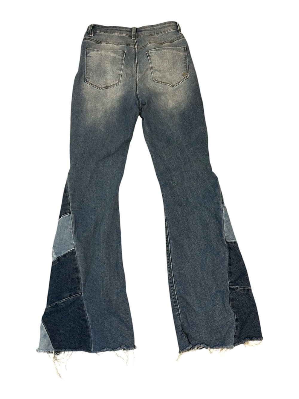 Size 9-Indigo Rein Women's Blue Patchwork Flare Jeans - Picture 2 of 4